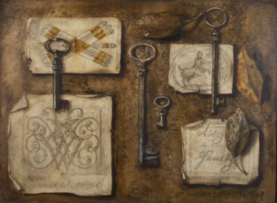 Still life painting with a deep brown textured background. There are four pieces of worn, tan paper with different symbols and writing on the fronts. Across are four different sized keys hanging vertically at different heights. On the right half of the painting are three brown leaves.