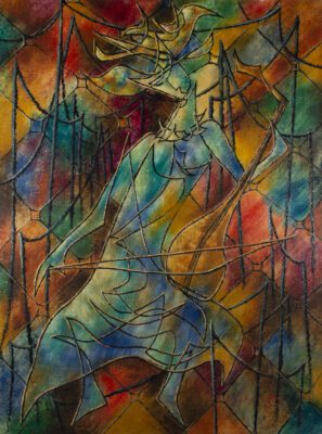 Painting with a stained glass window feel. The background is smears of bright red, orange, blue, and green with a netted pattern across in black. There are vertical bars in black connected with arched tops throughout. In the center is a figure made of blues, teals, and yellows of a woman with a flowing skirt and hair, holding a long necked stringed instrument and a bow in each hand.