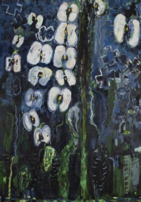 Abstract painting with a deep blue background and green vertical bars towards the bottom. In the background are plus signs etched out in white. Across the center in three rows are orchid flowers in white.