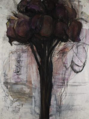 Abstract drawing with a sketched background with rough floral shapes emerging and slight colors of brown and red. In the center vertically is a large structure, like a skinny tree with wide top, the stem is black and the top is deep red and black.