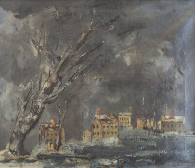 Expressionist painting of a dreary winter scene. The sky and ground are mottled shades of grey with a large leafless tree in the foreground. In the background are a few groupings of two story yellow houses with red chimneys.