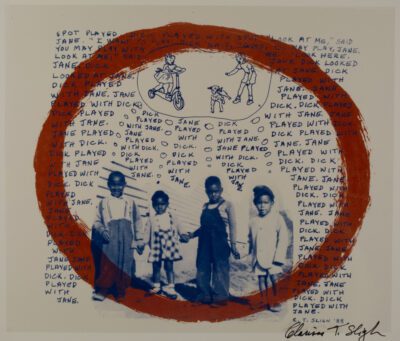 Photograph on tan paper with printed text repeating 'Dick Played with Jane. Jane Played with Dick" surrounding a photograph of four young African American children holding hands. They are surrounded by a wide red outlined circle, and have though bubbles that all connect to a sketch of a young girl on a scooter and a boy playing with a dog.