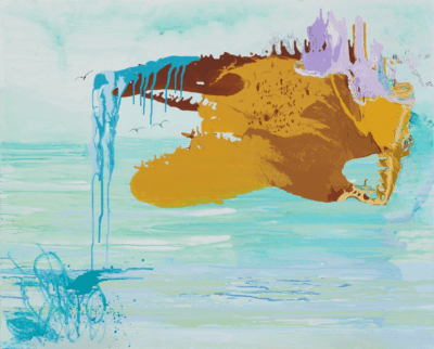 Abstract landscape painting with horizontal tripped watery ground in teals and greens. Floating is a large blob of rusty orange and red with upward dripping purple on the right and a blue waterfall on the left. Drawn in are circular details and birds.