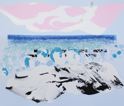 Surreal landscape with marbled white and black blobs on the bottom topped with white and blue blobs and horizontal black bars behind. In the center are thick blue squiggles from light to dark with a wide blob of marbled white and pink on top.
