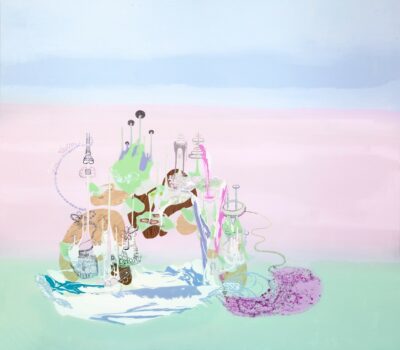 Abstract surreal cityscape with a background of large horizontal stripes of blue, pink, and green. In the bottom left is a dripped landscape of greens and purples leading to orbs and circles, with a blob of pink to the bottom right and a blob of wavy white-blue to the bottom left. There are wood paneled globular shapes throughout in the background of the cityscape.