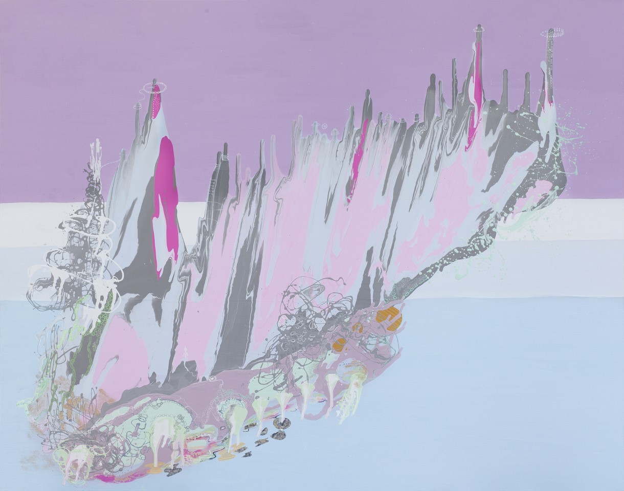 Surreal landscape with horizontal stripped background of blues to blue-purple. Diagonally from bottom left to top right is a wide dripped marbled blob with drips pointing upwards in grey, grey blue, purple, and grey pink.