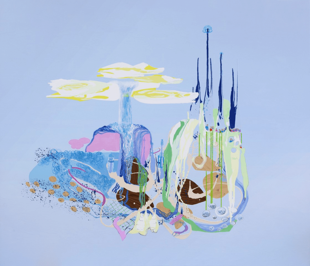 Floating abstract surreal cityscape on a grey-purple background. The city is made of blues, pinks, greens, all tripping and flowing into each other. There are pointy dark blue towers on the top right, yellow-white clouds on the center left, bubbles attached to green strings on the bottom right, and wood paneled stickers in the background.