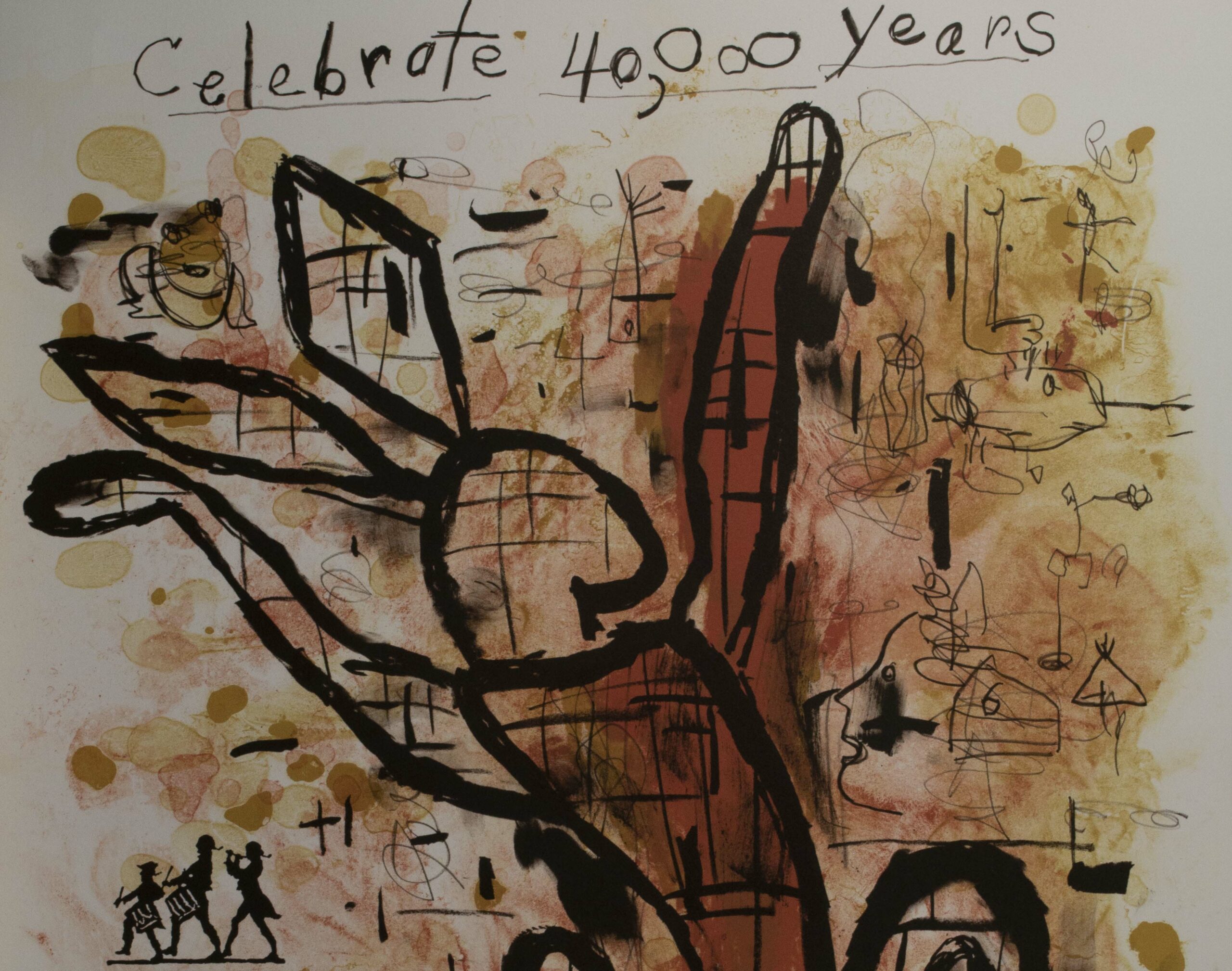 Lithograph of a humanoid bunny leaping in the air and colored a rusty red. The background is a smudged yellow-orange with many sketched shapes and figures, including deer, trees, Colonial fife and drum line, and houses.