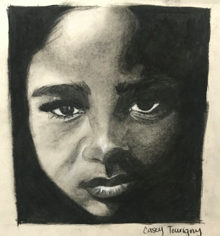Drawing of a girls face emerging from a black background. The right half of her face is in shadow.