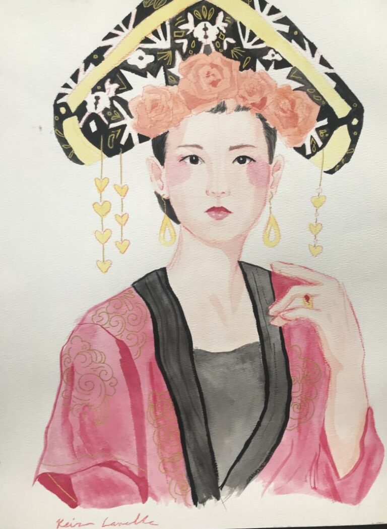 Watercolor painting of an Asian woman with an ornate triangle headdress with heart dangles, teardrop earrings, and wearing a pink and black silk dress.