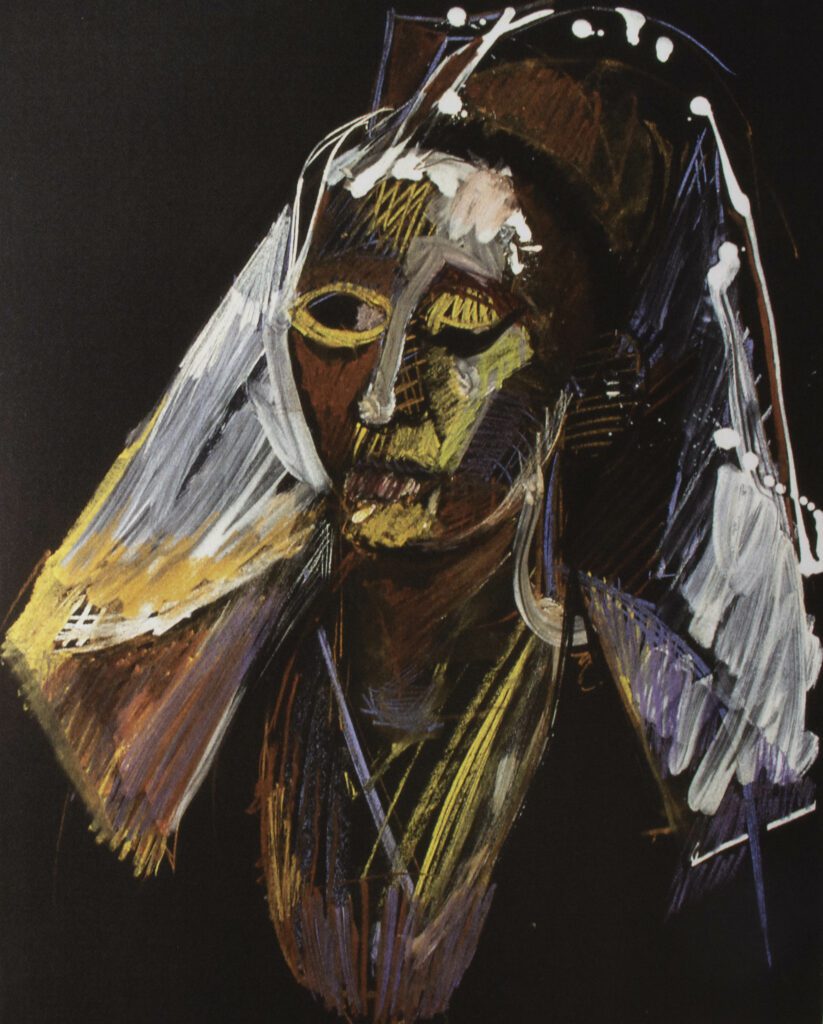 Abstract drawing of a woman's face from chest up. She is wearing a headdress with white and yellow veil on either side. Her face is shades of yellow, red, and white.