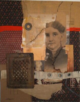 Photograph of a mixed media wall hanging with various printed fabrics in black, red, and browns, a photograph of an late 19th century woman, ripped and stained, and several washers in fabric alongside a metal grate cover.