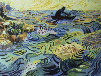 Abstract expressionist painting of a wavy blue, green, and yellow body of water with short plants on the center left. In the upper center is a blacked out figure rowing a boat. They sky is lines of light green, yellow, and white.