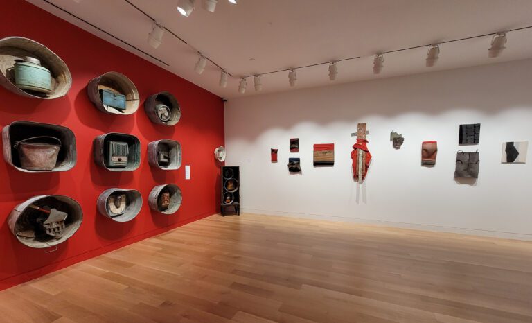 Installation photograph of a gallery room with one red wall and one white wall. On the red wall are metal tubs and various objects inside. The white wall has various fabric objects.