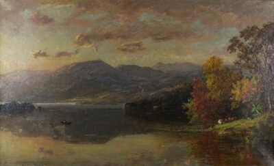 Realistic landscape painting of a calm body of water with a sloping spit of land on the far right with red and orange trees. In the background are tall rounded mountains and a blue sky with gold and purple clouds.