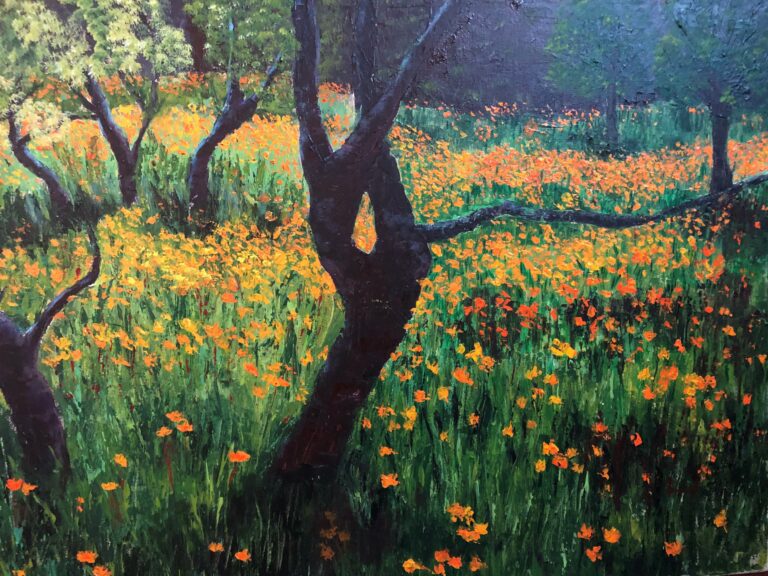 Landscape painting of a field of green and orange flowers with trees speckled throughout.