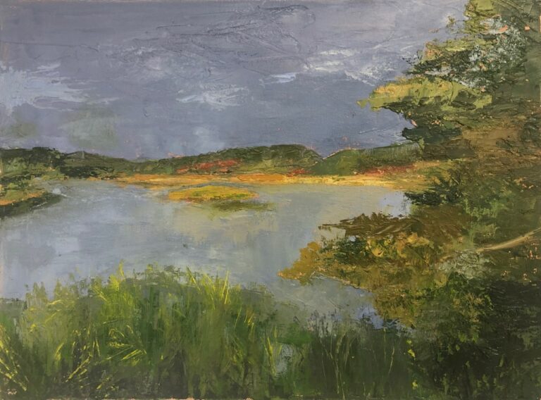Abstract landscape painting of a green foreground with trees on the right side. In the background is a large pond with islands, a sandy beach on the far shore, rounded green hills, and a dark grey stormy sky.