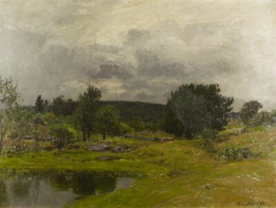 Realistic landscape painting with green and brown ground and a small pond on the bottom left. Behind this are a few groupings of trees, windblown, with a white and grey stormy sky.