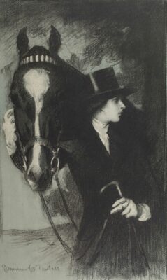Drawing of woman in top hat holding a cane, with arm around a horses neck
