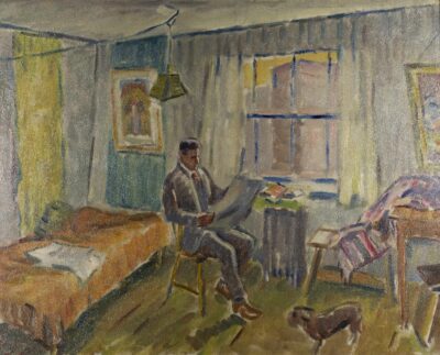 Abstract painting of an interior room with grey walls with streaks of yellow and blue. There is an orange bed to the left, a man in a grey suit reading a paper seated in the center next to a window. To the right are two tables, a brown dog, and a painting just visible hanging on the wall.