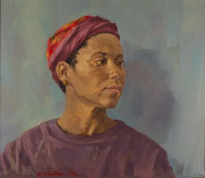 Expressionist portrait painting of a dark skinned woman looking off in profile to the right. Her short hair is under a head wrapping, and she is wearing a maroon top in front of a grey-blue background.