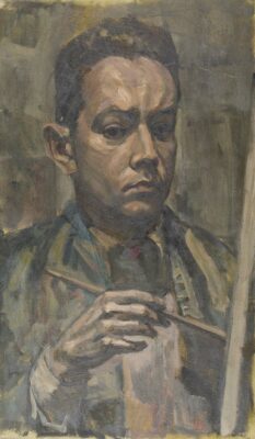 Portrait painting of a man with light skin and brown hair. His face is elongated and shadowed, and he is wearing a green blazer top, with one arm up at his chest holding a paintbrush.