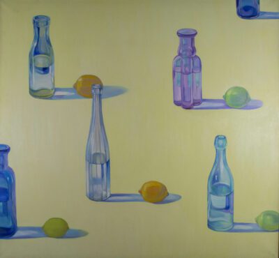 Painting of a soft yellow flat background with blue and purple glass bottles spaced evenly apart in a grid pattern, filled halfway with water. Nest to each alternating are lemons or limes, and the shadows are blue going out to the right.