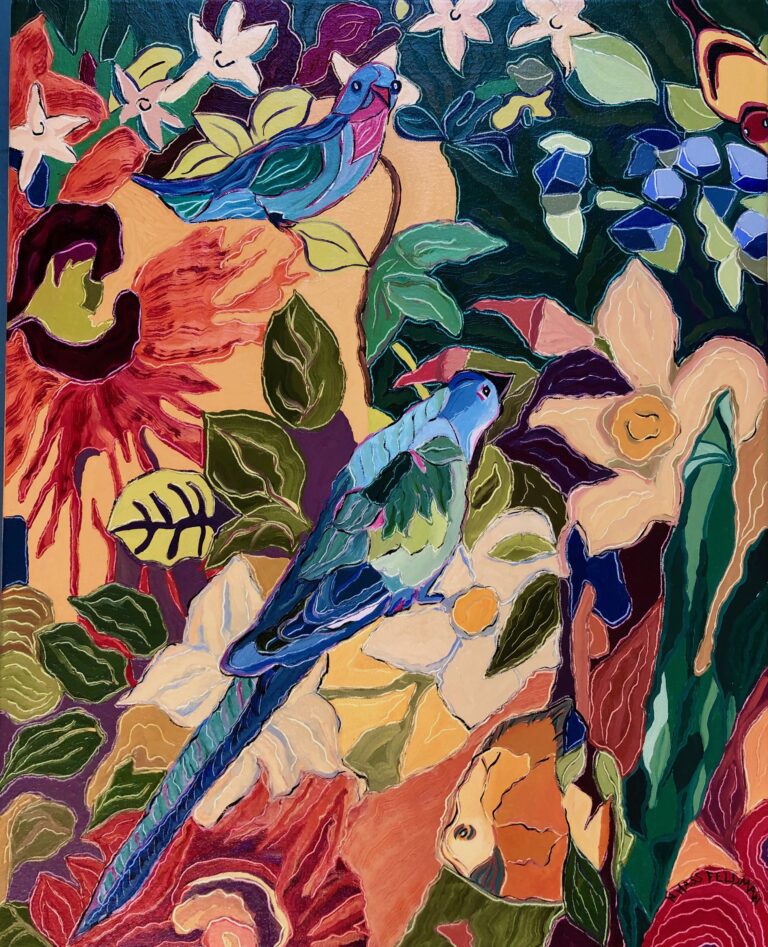 Painting with a stained glass feel of brightly colored flowers, leaves, and two blue birds resting on branches.