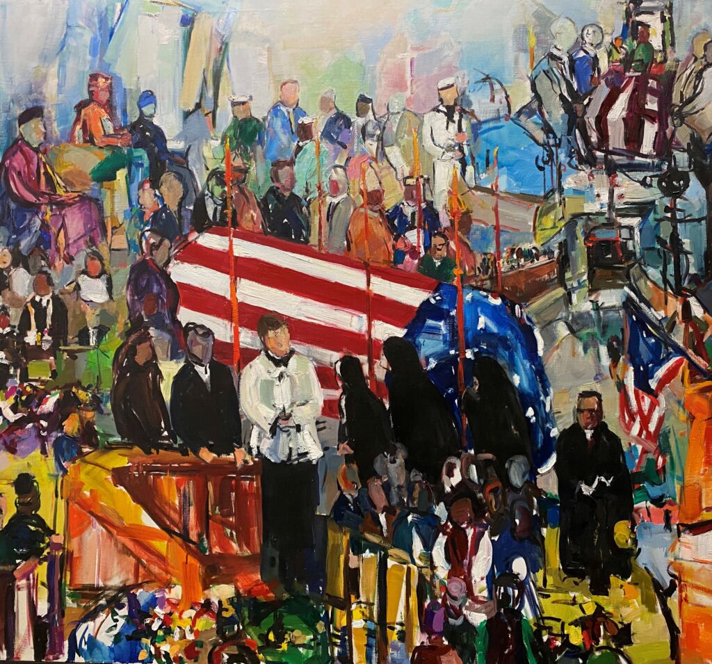 Abstract painting of a large group of people gathered around an American flag at the center.