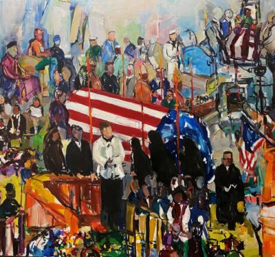 Abstract painting of a large group of people gathered around an American flag at the center.