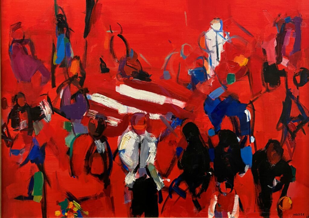 Abstract painting on a vivid red background with black outlined people standing around stripes of red and white in the very center.