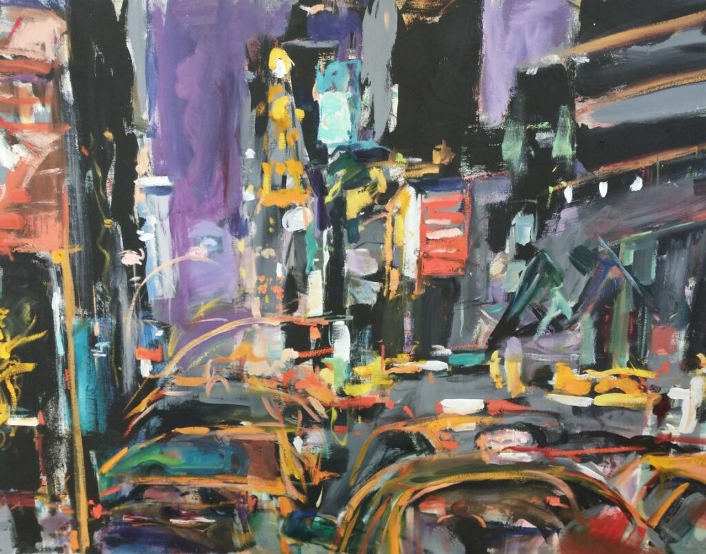 Abstract cityscape painting with taxi's in the bottom center and right and tall black buildings with hints of yellow lights in front of a purple sky.