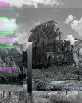 Black and white photograph with a bit of green and purple on the far left. The image is in blocks, slightly off set, of a desert landscape with tall stony cliffs.