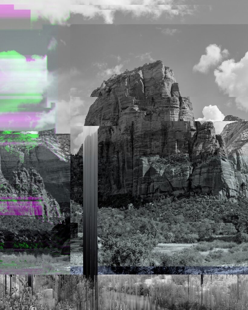 Black and white photograph with a bit of green and purple on the far left. The image is in blocks, slightly off set, of a desert landscape with tall stony cliffs.