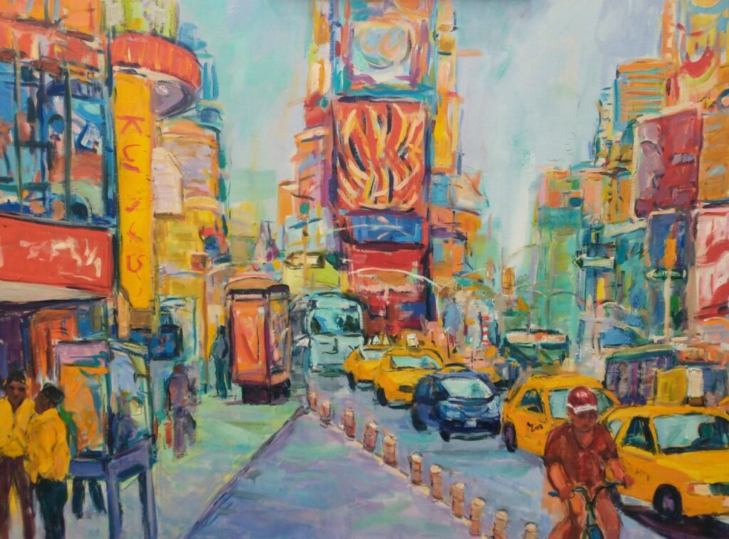 Expressionist painting of a red and orange New York City with taxi's, cars, and bikes.