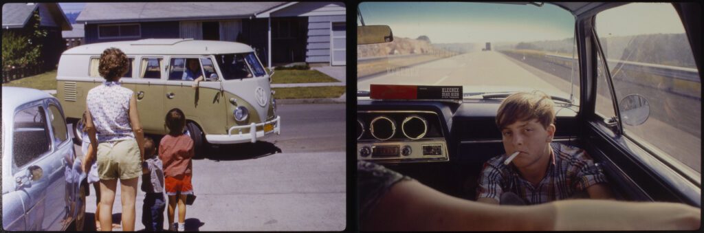 Two old photographs side by side. The left is a family in a driveway by a blue car looking at a green and white VW van. The one on the right is of a teenaged boy seated in the foot well of the passenger seat looking back at the photographer with a cigarette in his mouth.