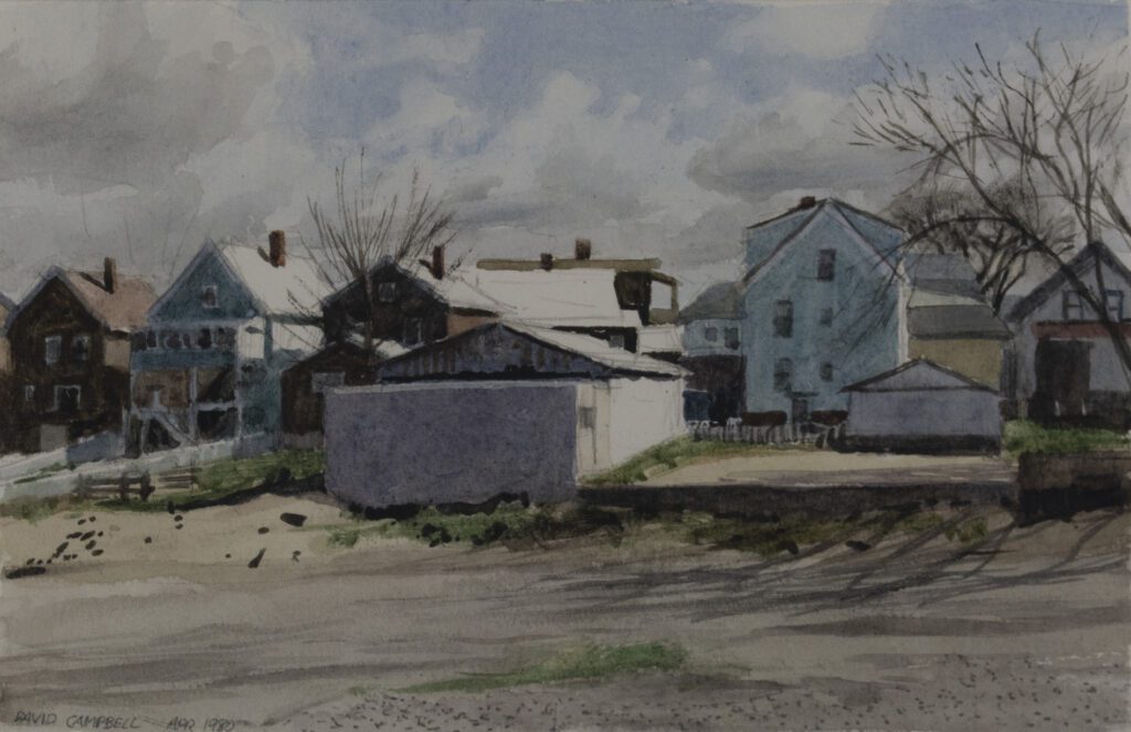 Urban landscape painting taken from the beach looking back towards a row of houses. The sky is cloudy with blue hints, and a few leafless trees are visible.