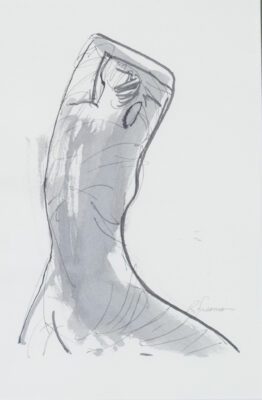 Expressionist drawing of a woman from behind with her arms upstretched and clasped behind her head.