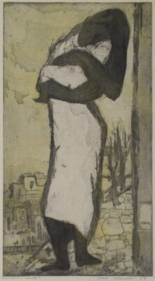 Print with a green background and cityscape beneath a rocky path in the foreground. Standing on this path is an abstract figure, a woman with dark skin, holding the bundle of a baby, with her head tilted town and resting on the baby's head.