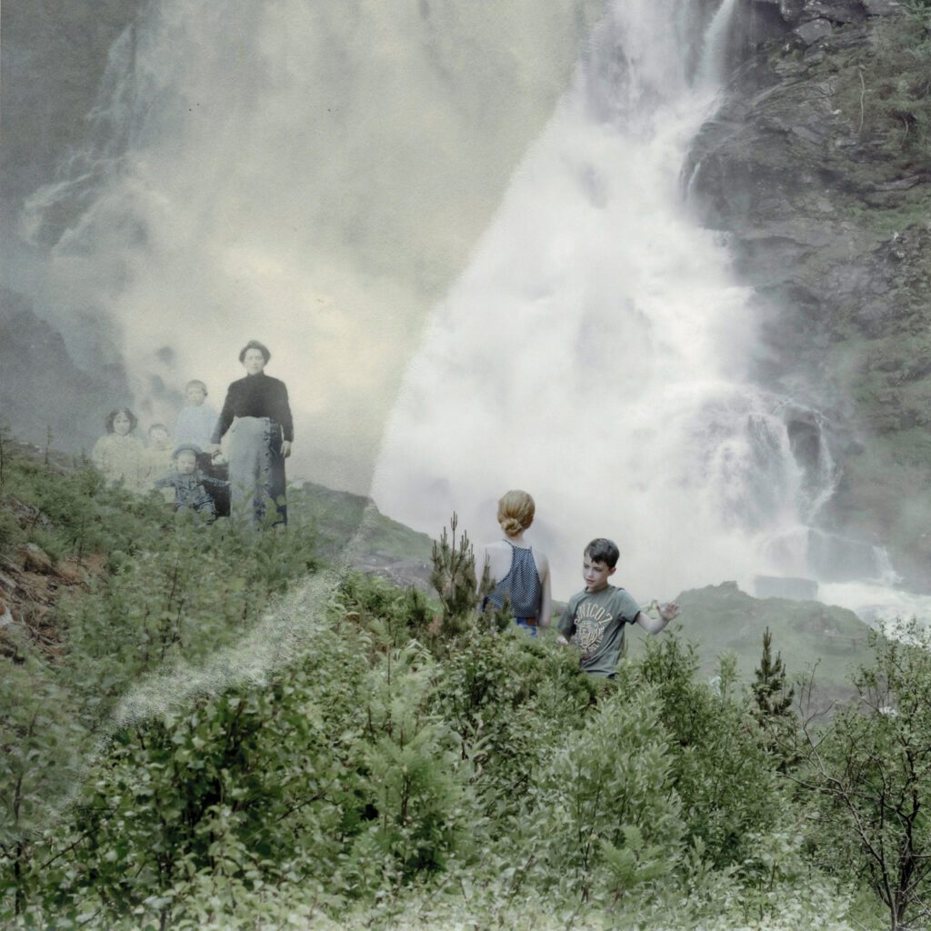 Photocollage of a large waterfall in the background. In the foreground are small trees and two kids playing in those small trees. In the midground are ghostly images of a late 1800s family, a mother with four kids.