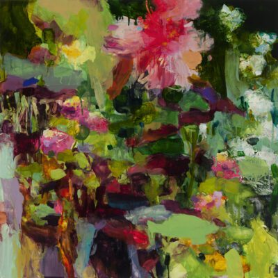 Abstract painting with wide brushstrokes of bright green, dark, green, pinks, and yellows. There is a large grouping of yellow and pink at the center top.