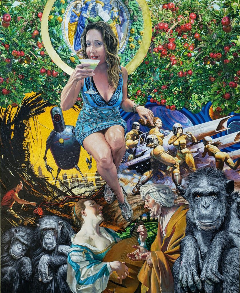 Painting of a busy scene, with a woman in the center in a seated, crouched position holding a martini to her mouth. Behind her at the top are apple trees and a halo behind the woman's head. In the center background is a robot on the left and a space ship with four figures in yellow around it. At the bottom to left and right are monkeys and center a woman playing a lute with an older man talking to her in a white headwrap and orange robes.