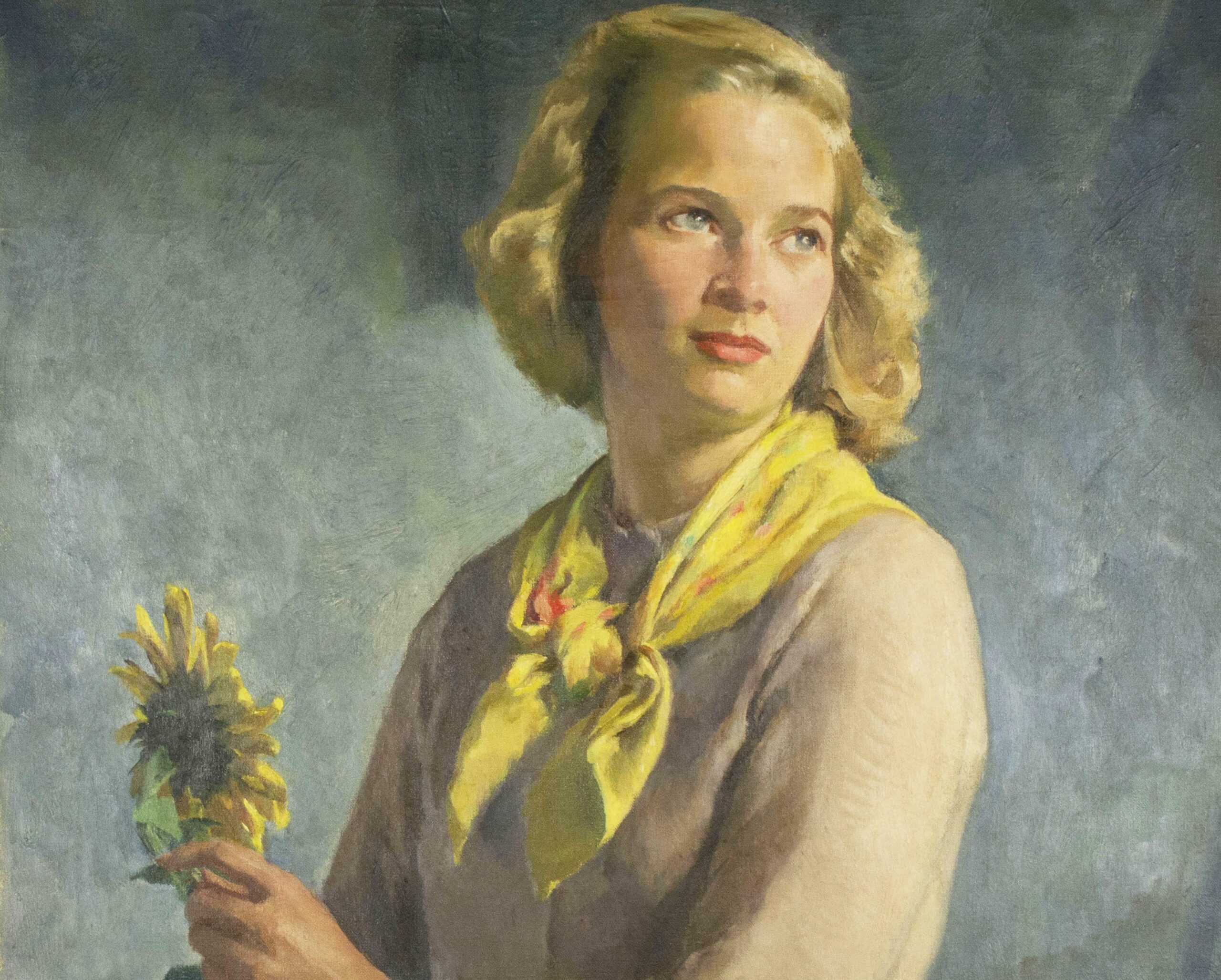 Impressionist oil painting of a woman with short blond hair wearing a beige sweater and yellow neckercheif looking back to the right. She is holding a sunflower in front of her at the bottom left.