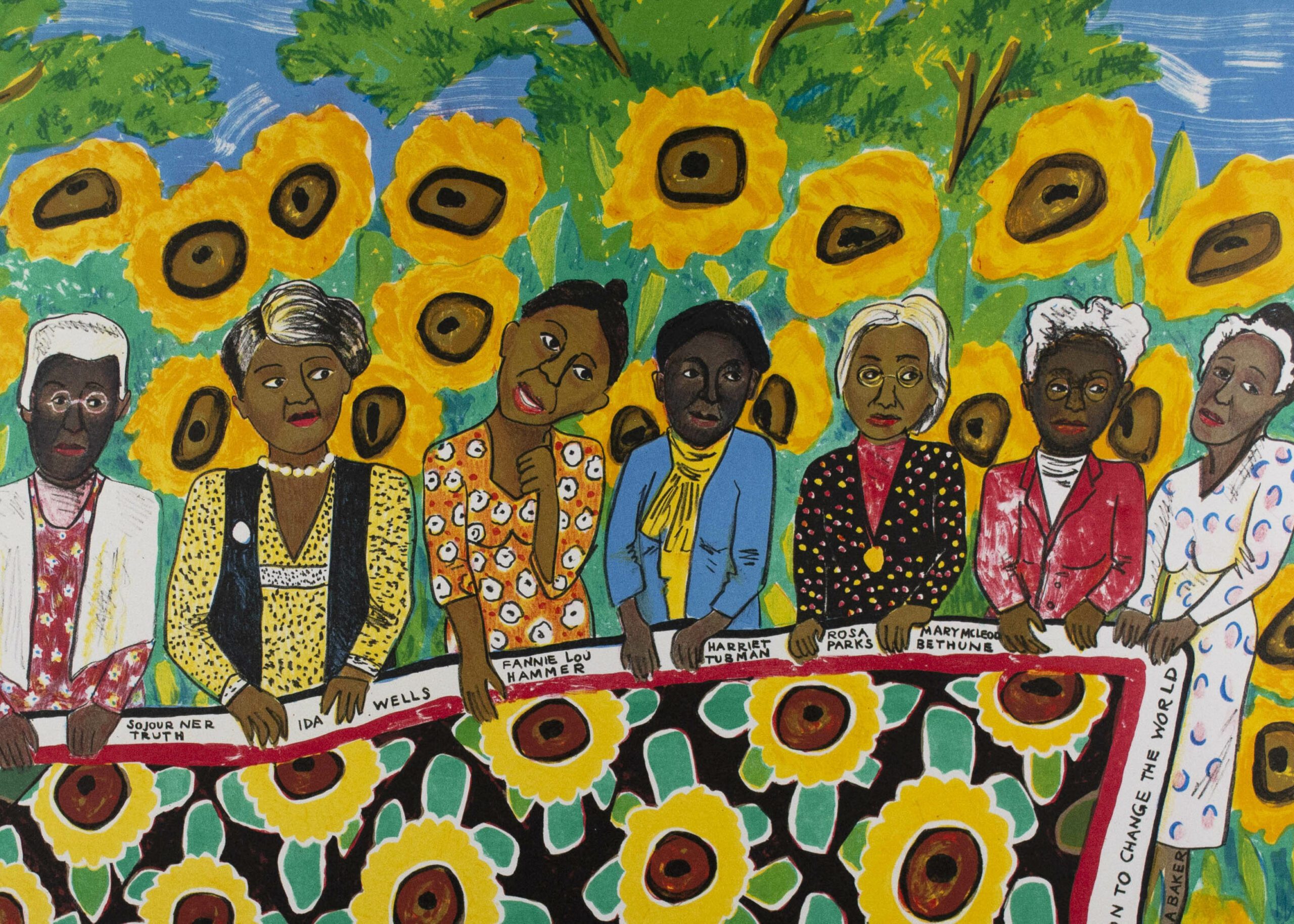 Print of sunflowers surrounding a grouping of African American women holding onto a quilt also made of sunflowers.