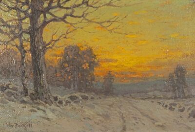 Landscape painting of a winter scene with a snowy road lined by stones, leafless trees to the left and background. The sky is a deep orange-red of sunset.
