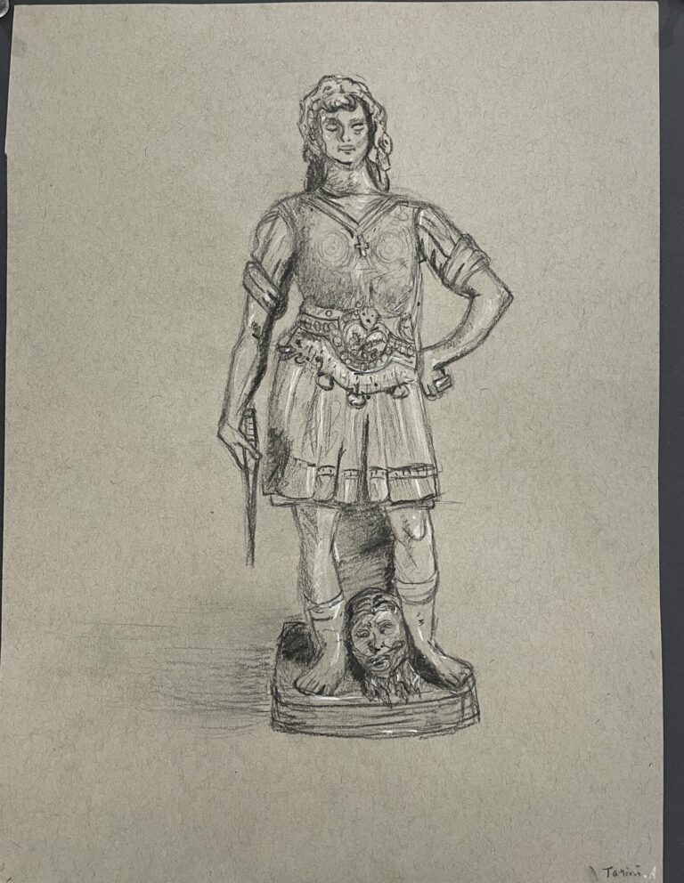 Pencil drawing in grey paper of a male figure in a Roman styled military outfit with a knife in one hand and a severed head between his feet.