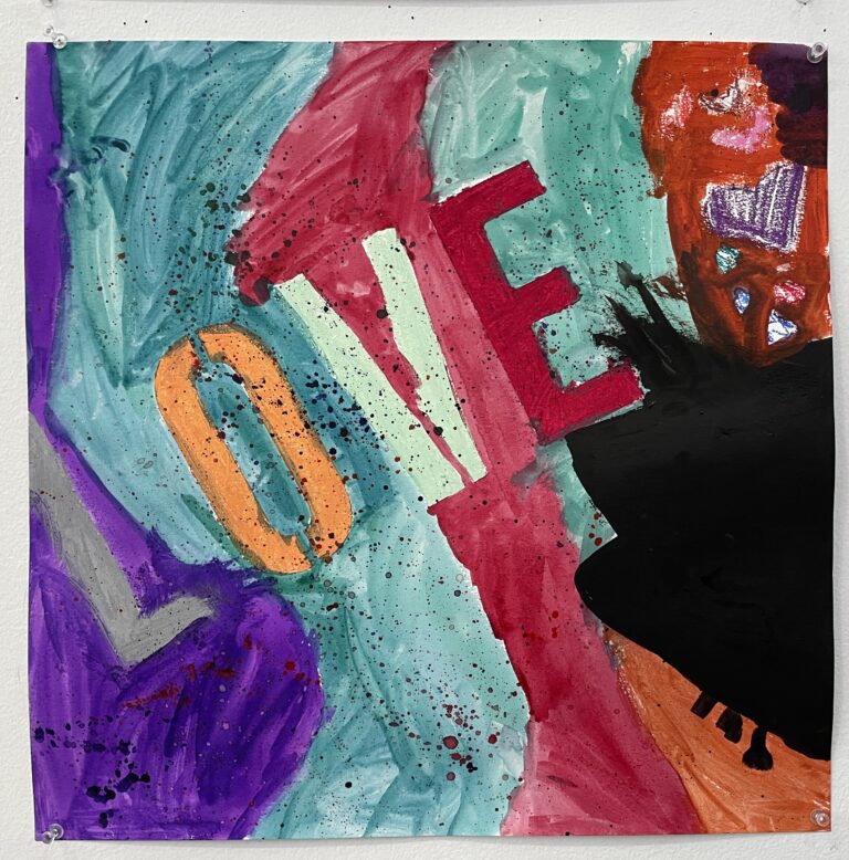 Child's painting with curving stripes of blue, red, black, and purple with stenciled 'LOVE' in diagonally across the center with hearts to the far right top.