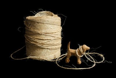 Photograph of a deep black background. In the foreground is a ball of twine with its end loose and wrapping around a small clay figure of a dog.