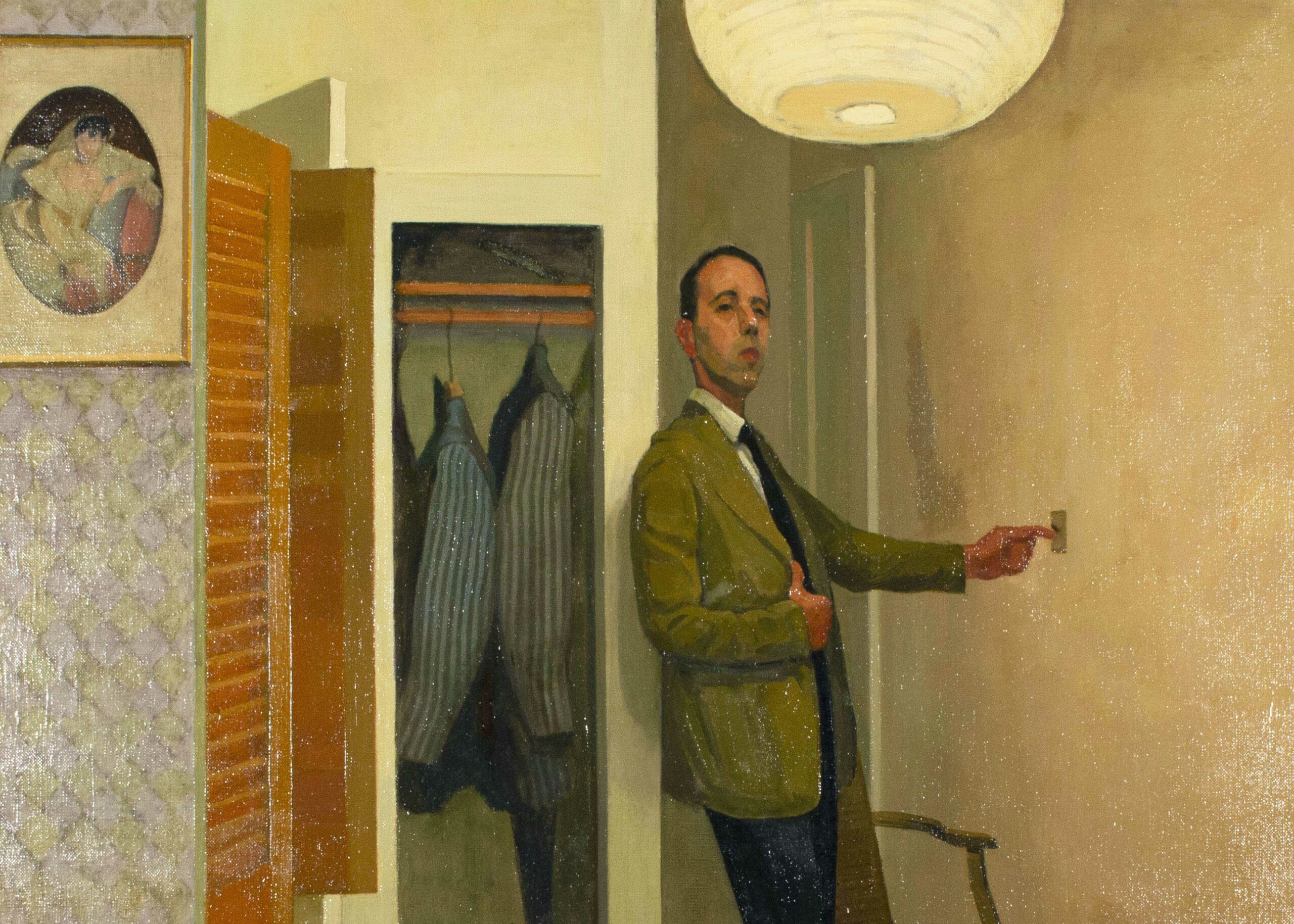 Painting of a man in a brown suit jacket, leaning against a closet wall with one hand at his coat and the other reaching out to turn off a light switch. He is looking at the audience. A round paper light hangs from the ceiling, suits are hanging in the closet, and there are red wood shutters half open to the far right.