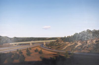 Realistic landscape painting of an on ramp to a highway. The land is brown with hints of a rock outcropping to the center right and pine trees along the outcropping and in the bottom center between the highway on the left and the on ramp on the right. The sky dominates the painting and is a blue fading to white in the center and one solidary cloud in the very center.